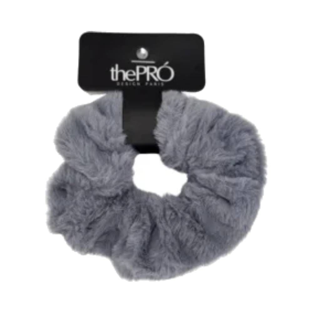 Laço de cabelo felpudo cinza claro preso a cartão preto com marca 'thePRO', acessório para todos os tipos de cabelo.