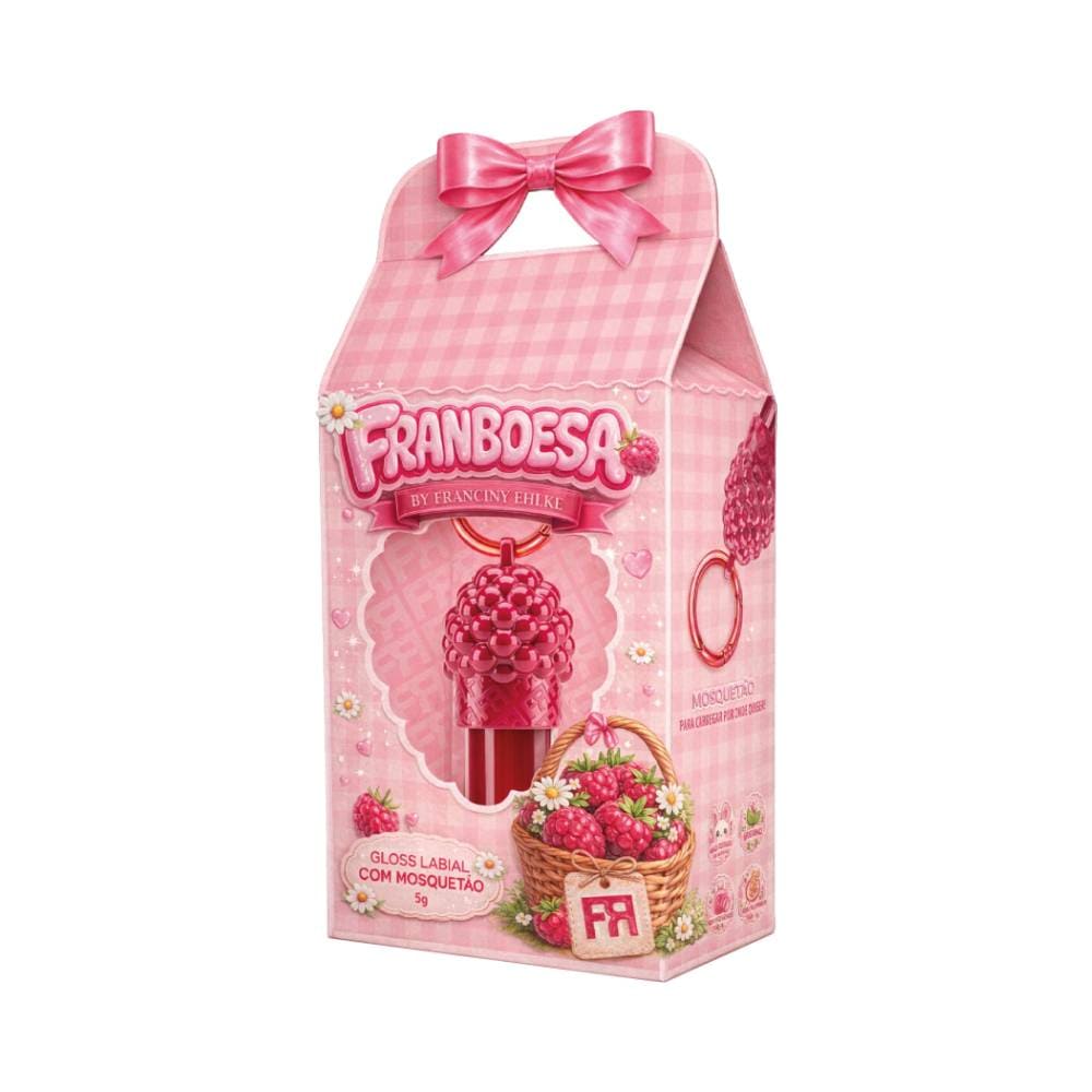 Embalagem do gloss labial com design de morango vermelho, fundo rosa e branco