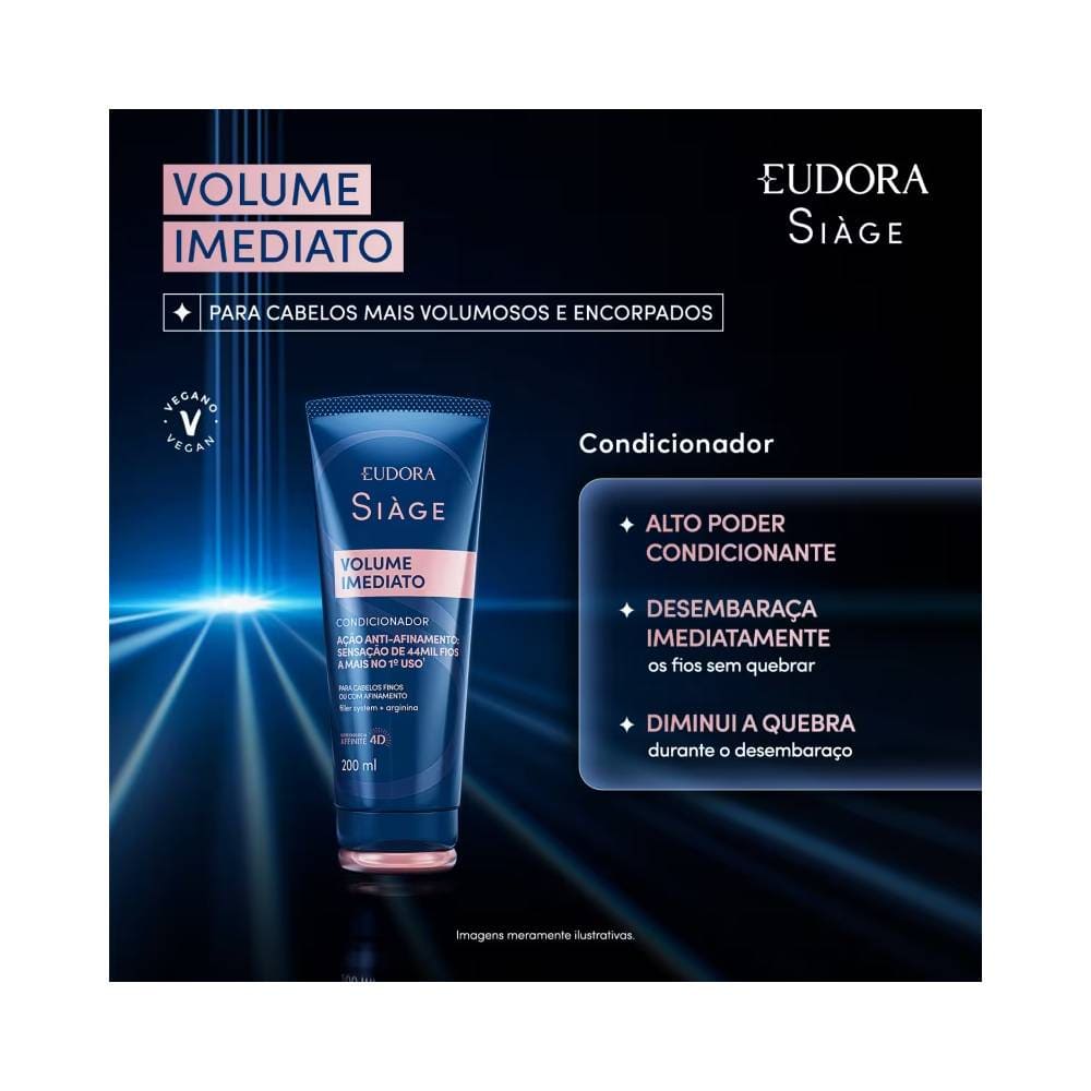 Mulher mostrando antes e depois do uso do Condicionador Siàge Volume Imediato