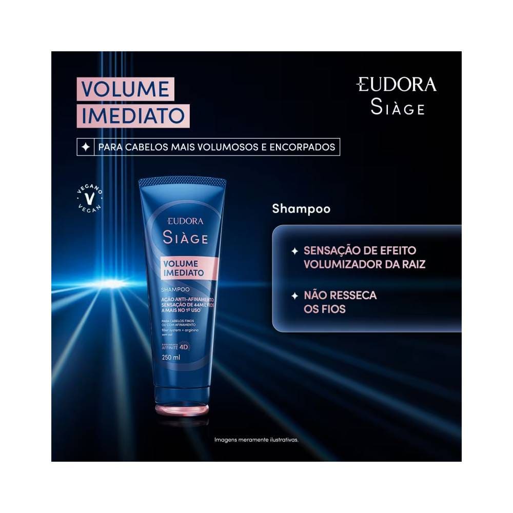 Shampoo Siàge Volume Imediato Eudora com destaque para embalagem