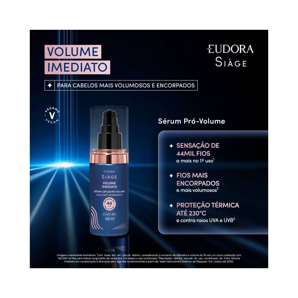 Sérum Siàge Volume Imediato em destaque com fundo preto e azul, mostrando fórmula enriquecida