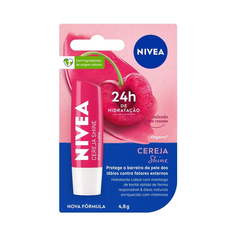 Hidratante Labial Nivea Cereja Shine 4,8g em embalagem vermelha com fundo rosa