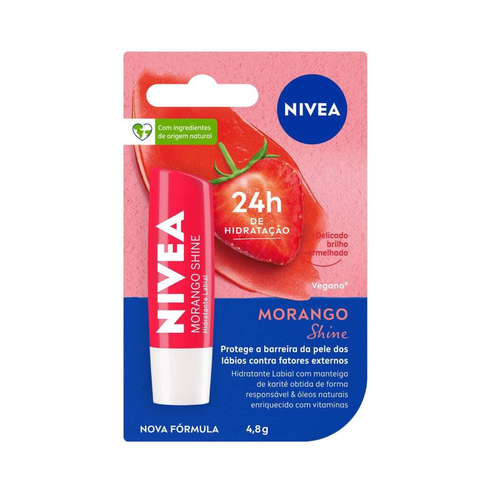 Embalagem do Hidratante Labial Nivea Morango Shine 4,8g com fundo rosa e destaque para 24h de hidratação