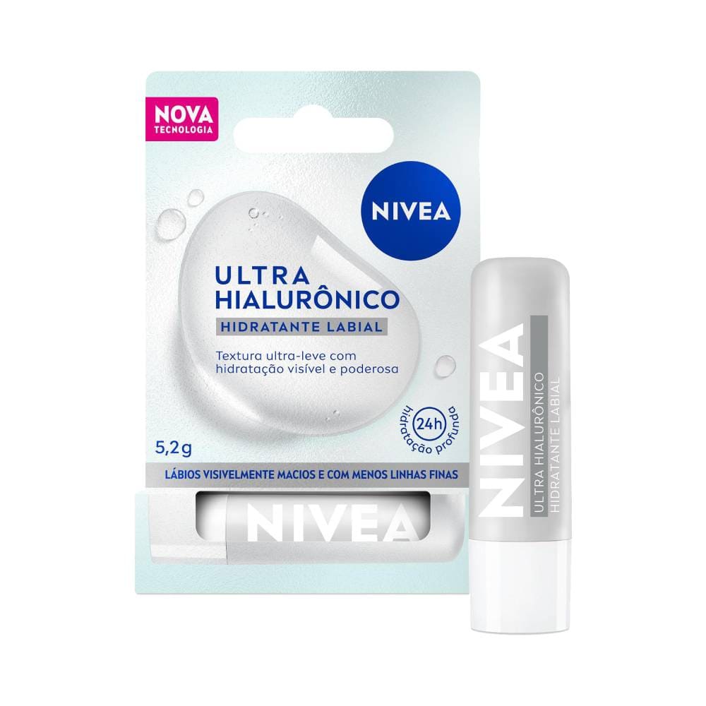 Hidratante Labial Nivea Ultra Hialurônico embalagem em destaque com fundo azul claro