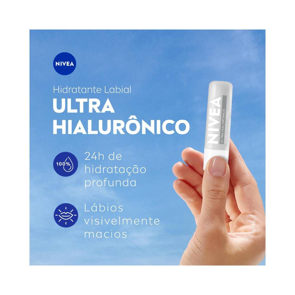 Hidratante Labial Nivea Ultra Hialurônico em embalagem com fundo azul