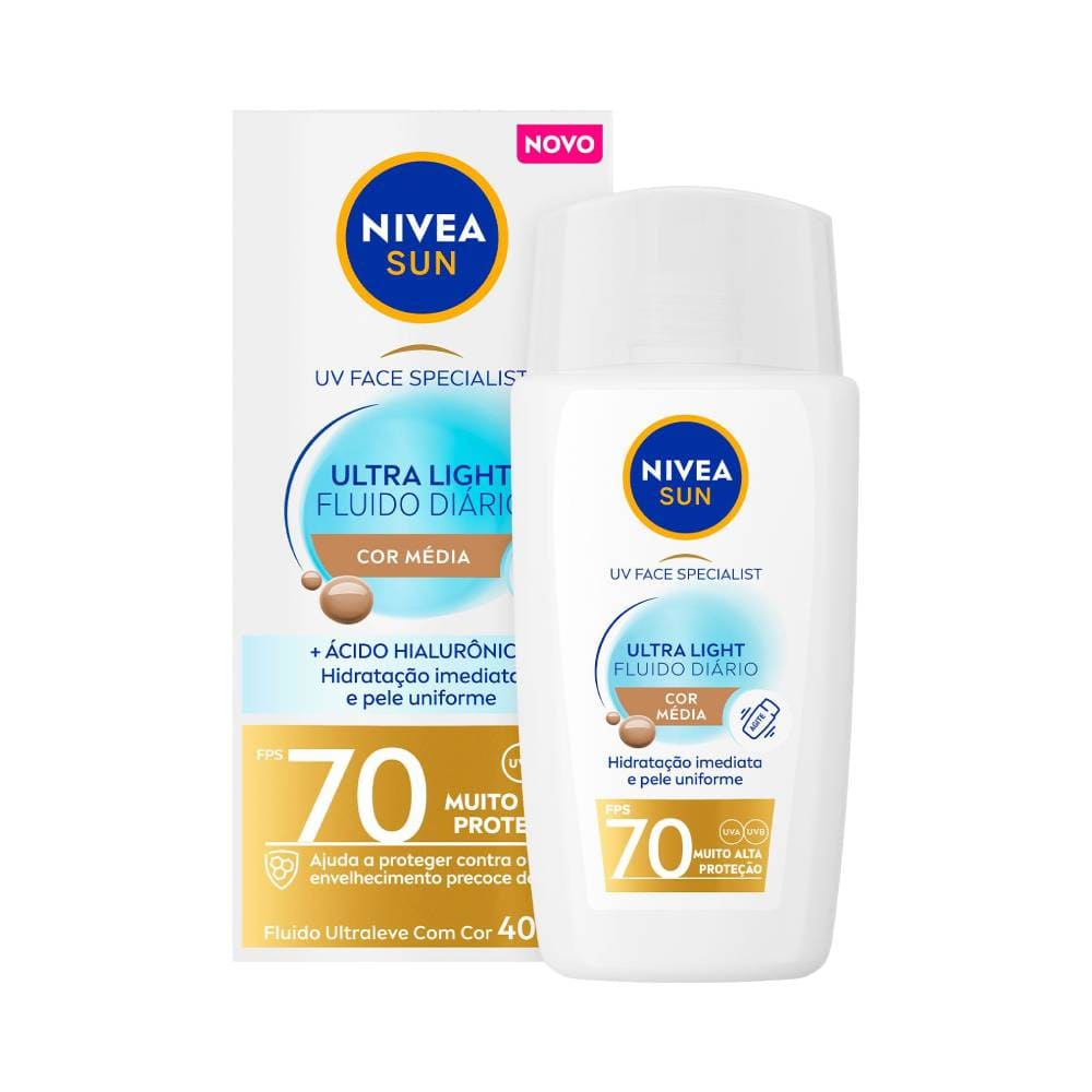 Protetor Facial Nivea Sun Ultra Light Fluido Diário FPS 70 Cor Média 40ml em embalagem branca com detalhes em azul e amarelo