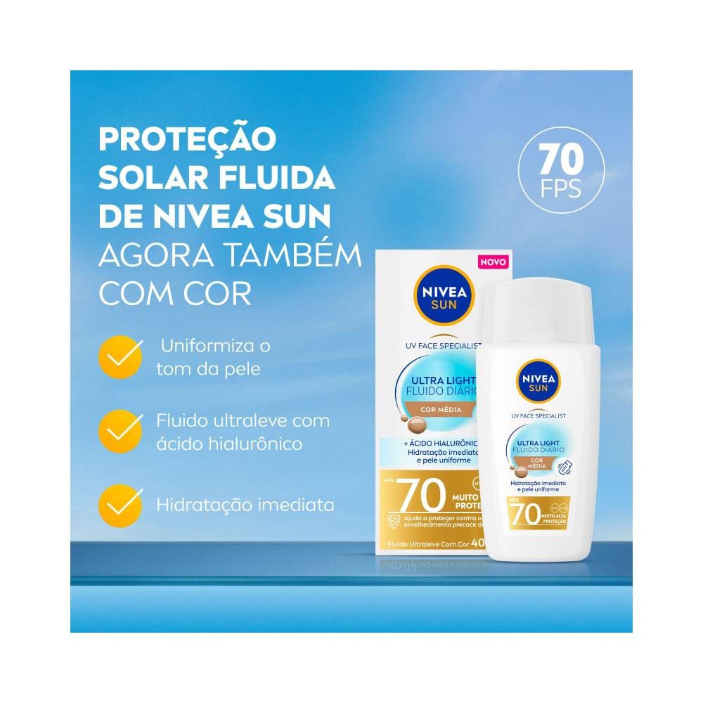 Protetor Facial Nivea Sun Ultra Light Fluido Diário FPS 70 Cor Média 40ml com destaque para hidratação e proteção