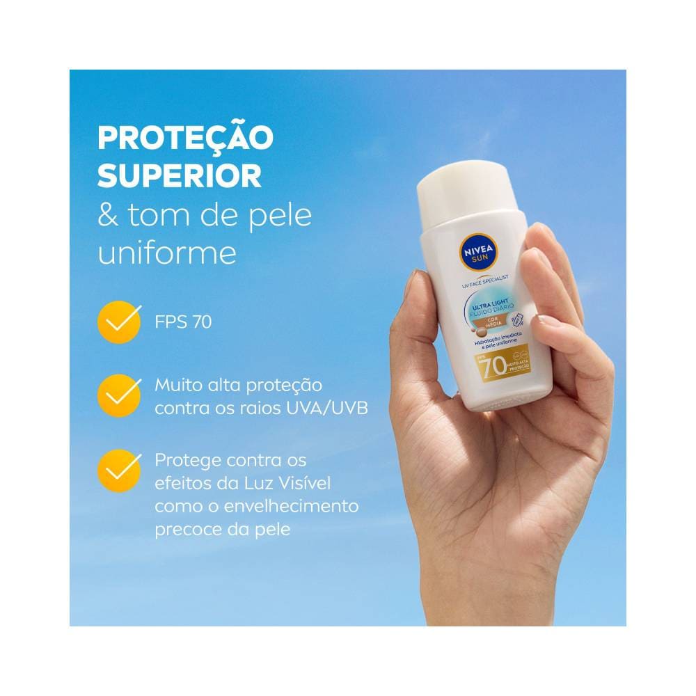Amostra do fluido do Protetor Facial Nivea Sun Ultra Light FPS 70 Cor Média