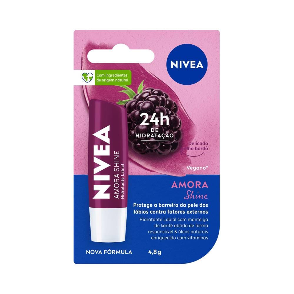 Hidratante Labial Nivea Amora Shine 4,8g - embalagem branca e tampa roxa, brilho bordô