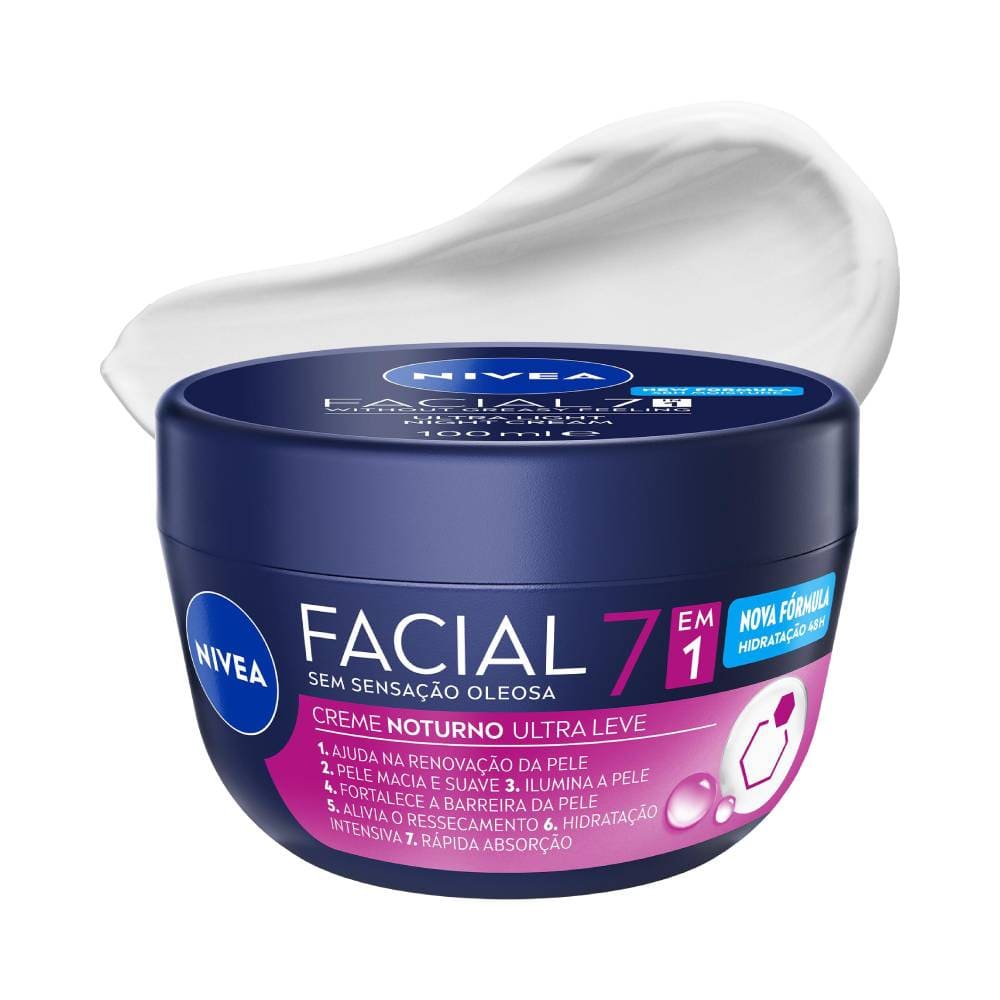 Creme Facial Nivea Noturno Ultraleve 7 em 1 100g em embalagem azul e branca