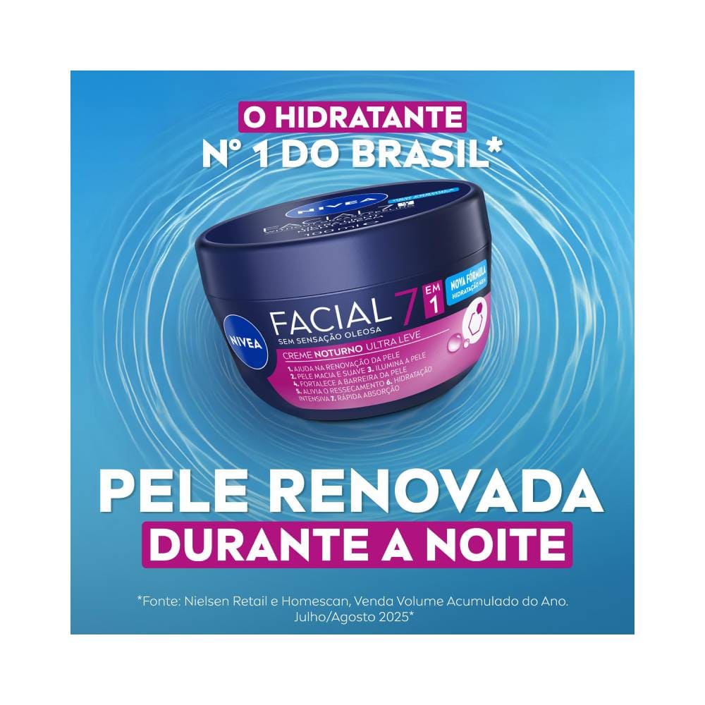 Embalagem do Creme Facial Nivea Noturno Ultraleve 7 em 1 com destaque para benefícios
