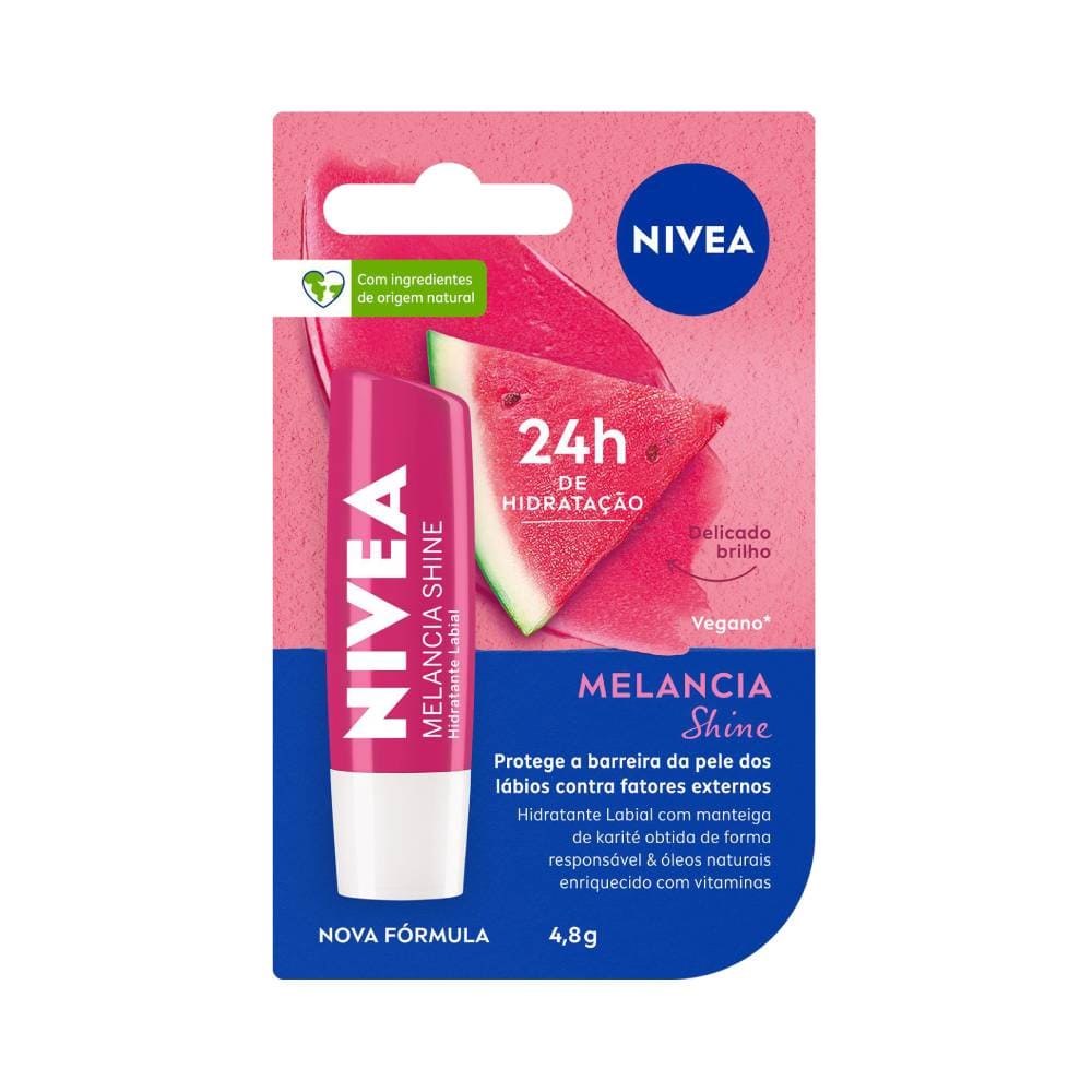 Embalagem do Hidratante Labial Nivea Melancia Shine com destaque para 24h de hidratação e aroma de melancia.