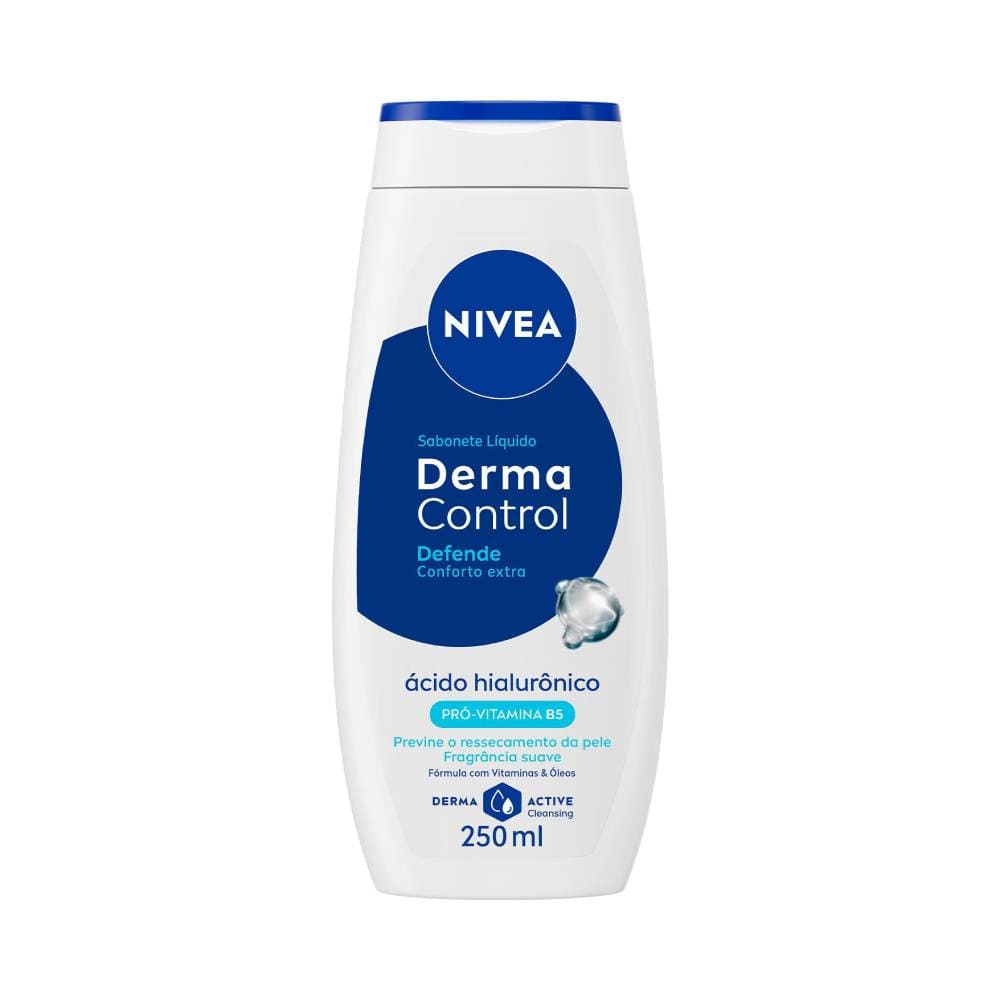 Frasco de Sabonete Líquido Nivea Derma Control Defende 250ml, branco com detalhes azuis e logotipo da marca Nivea