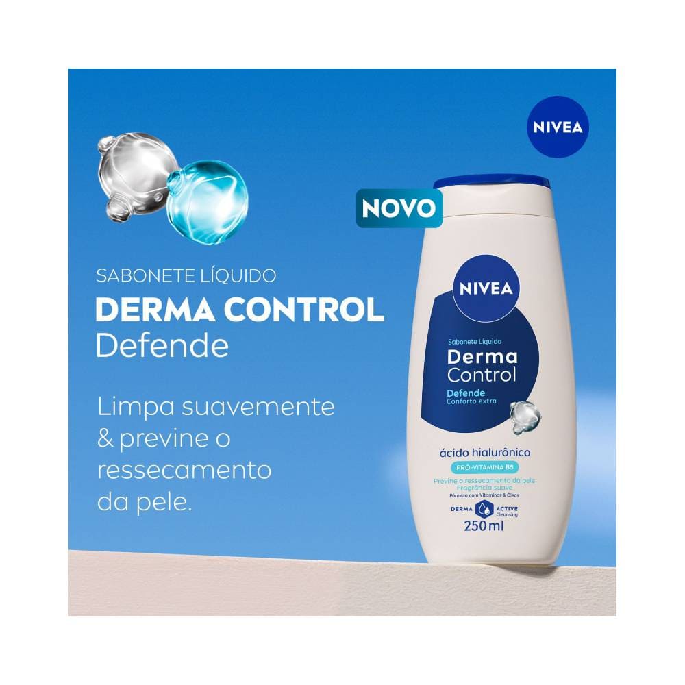 Anúncio do Sabonete Líquido Nivea Derma Control Defende 250ml, com fundo azul e texto branco, destacando o frasco do produto