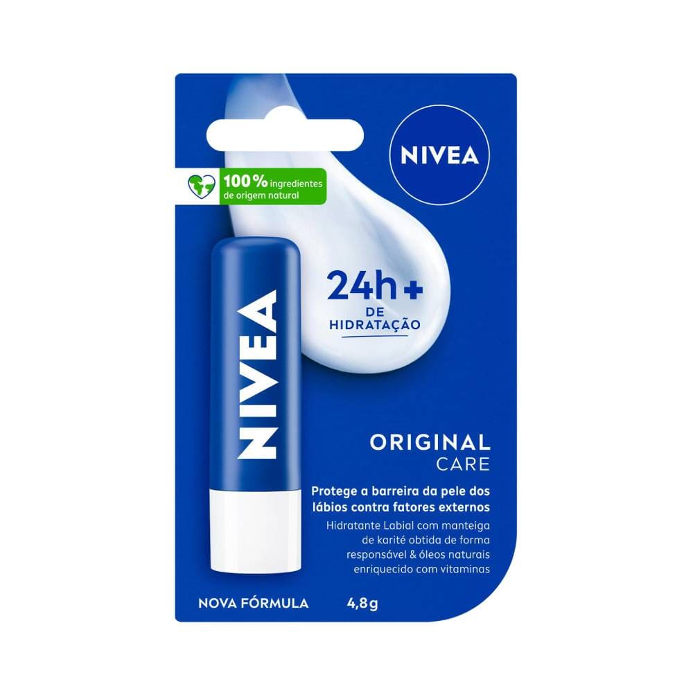 Embalagem do Hidratante Labial Nivea Original Care com destaque para 24h+ de hidratação profunda