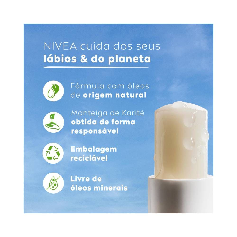 Embalagem reciclável do Hidratante Labial Nivea Original Care com destaque para ingredientes naturais