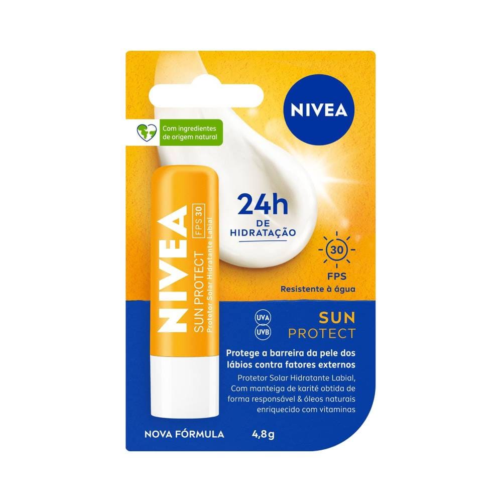 Hidratante Labial Nivea Sun Protect FPS30 em embalagem amarela e azul