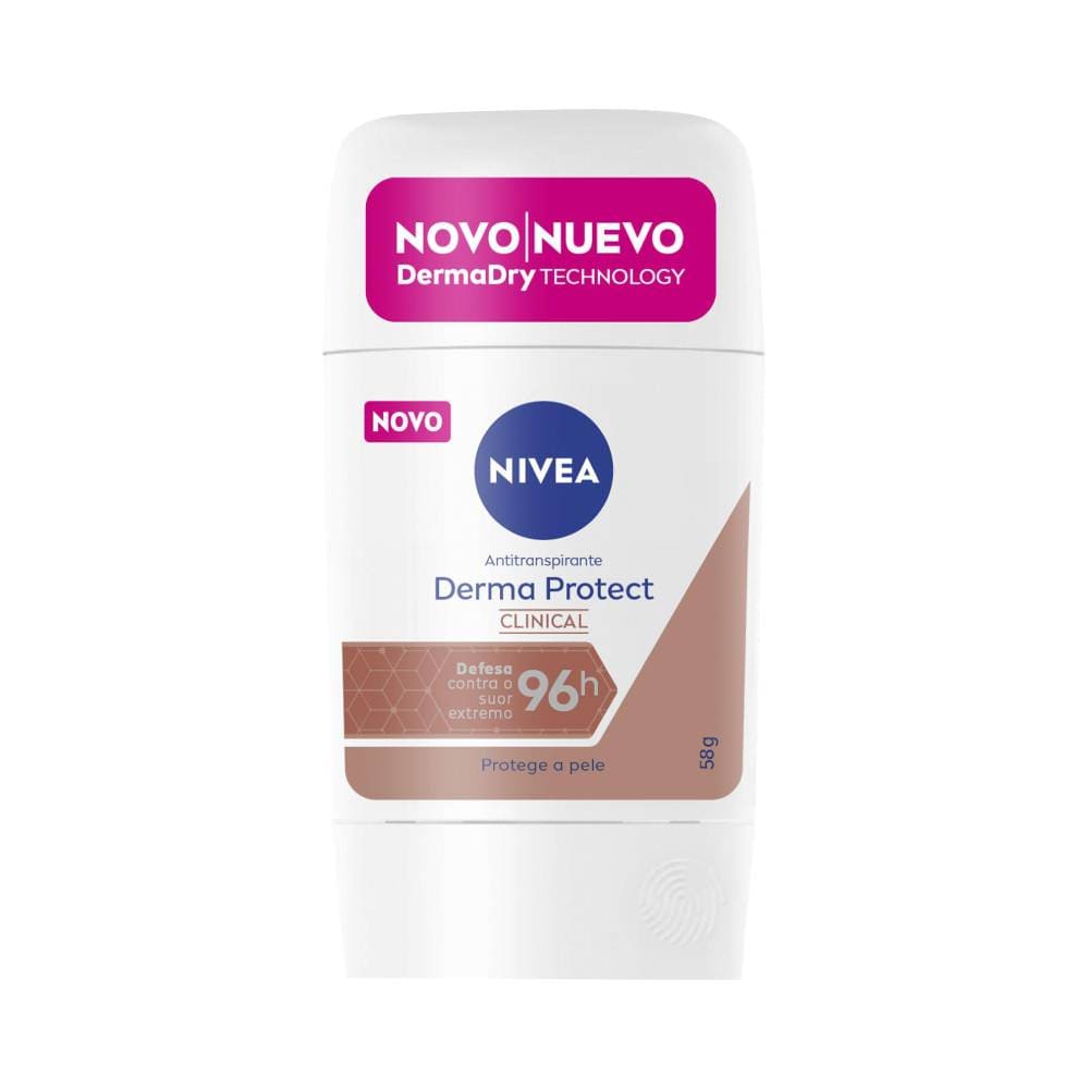Desodorante Stick Nivea Derma Protect Clinical 58g em embalagem branca com etiqueta rosa e branca