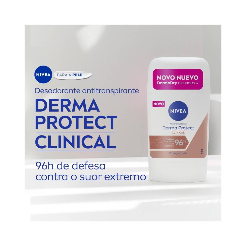 Desodorante Stick Nivea Derma Protect Clinical 58g em embalagem branca com destaque para tecnologia DermaDry