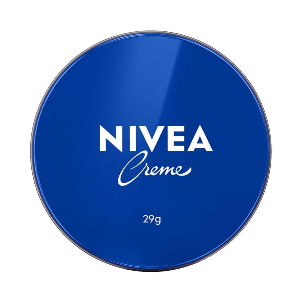 Lata azul de Creme Nivea Hidratante 29g com logo branco em fundo branco