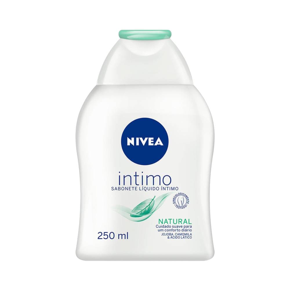 Frasco do Sabonete Líquido Nivea Íntimo Natural 250ml com detalhes azuis e verdes