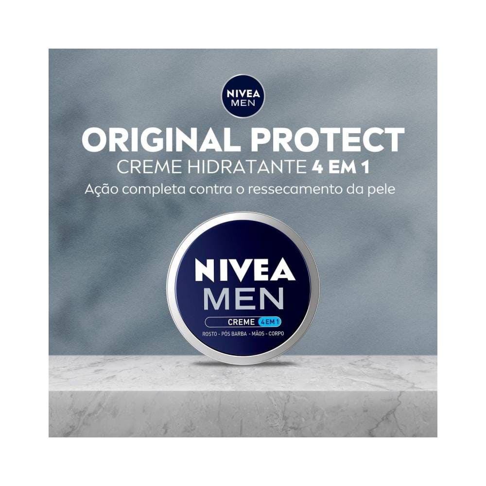 Creme Nivea Men 4 em 1 em recipiente azul e branco com texto