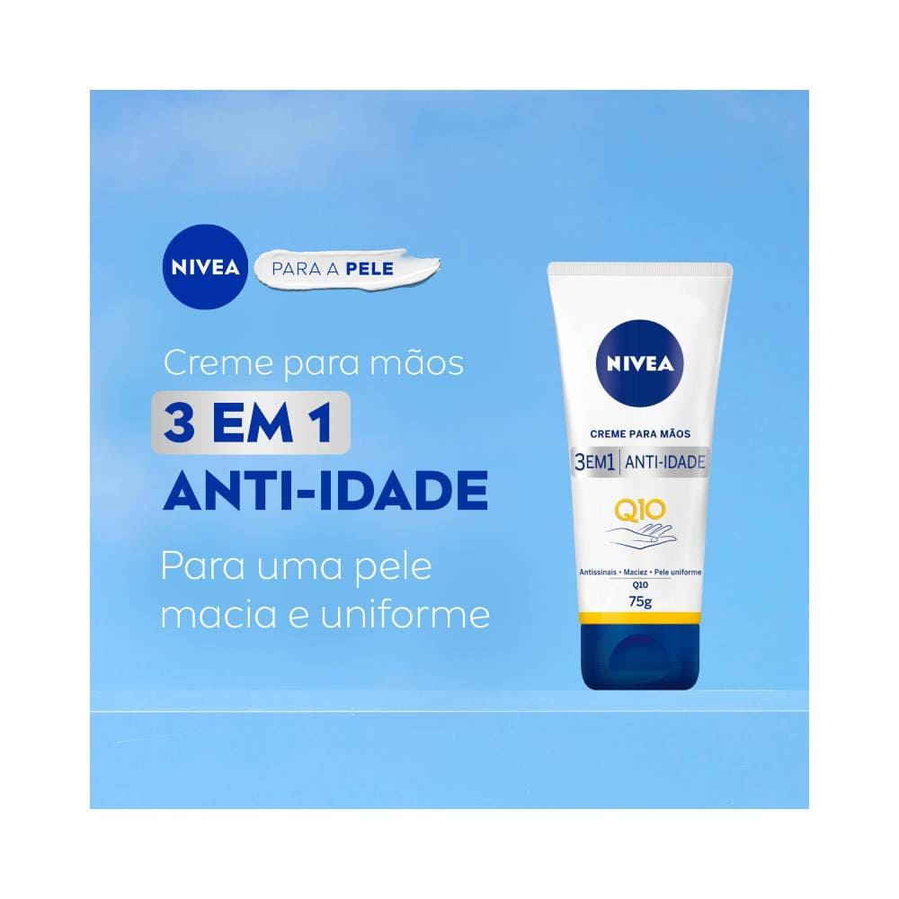 Imagem promocional do creme Nivea para mãos destacando ação anti-idade