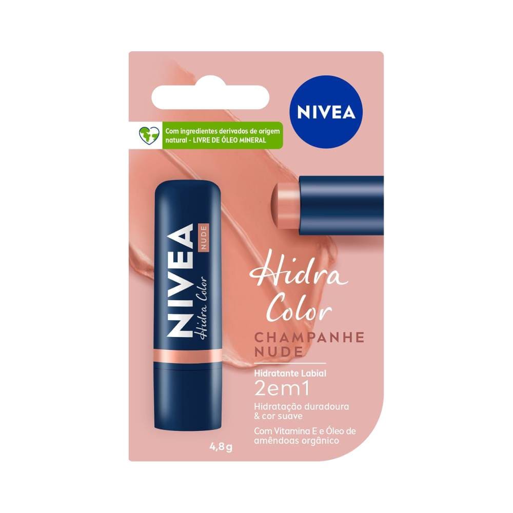 Protetor labial Nivea Hidra Color 2 em 1 Nude com embalagem azul e dourada em fundo rosa claro