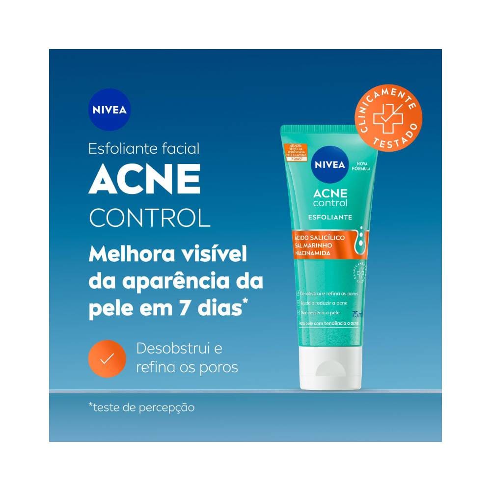 Imagem do esfoliante Nivea Acne Control com fundo azul e texto explicativo