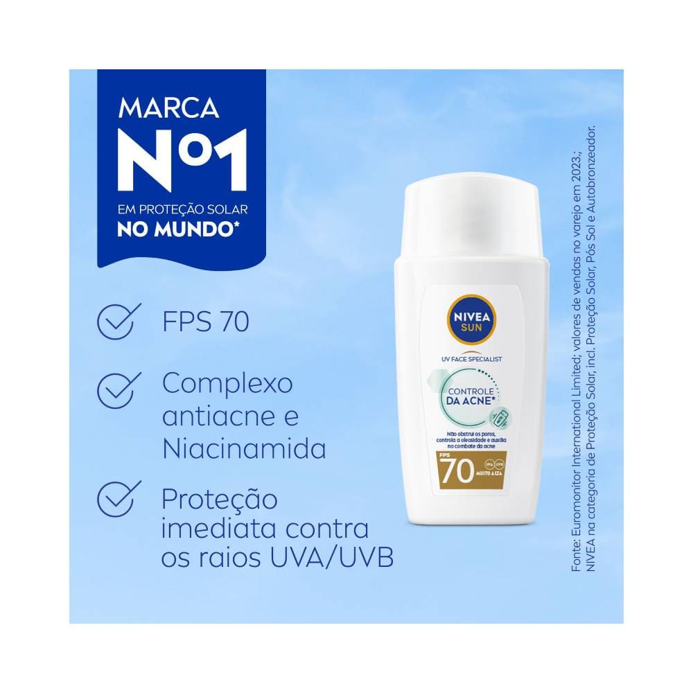 Frasco do Protetor Solar Facial Nivea Sun Fluido UV Face Specialist com informações de FPS 70 e ingredientes
