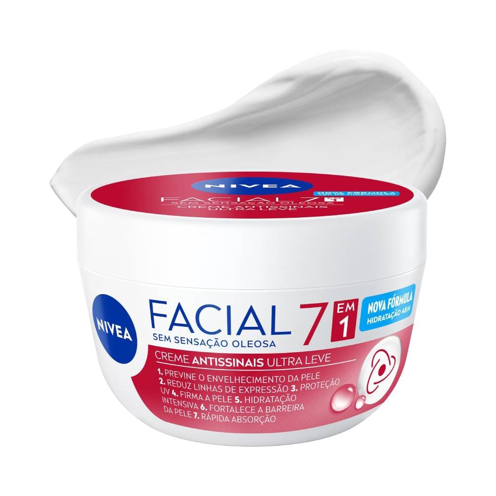 Pote do Creme Facial Nivea Antissinais Ultraleve 7 em 1 100g com tampa vermelha e etiqueta branca
