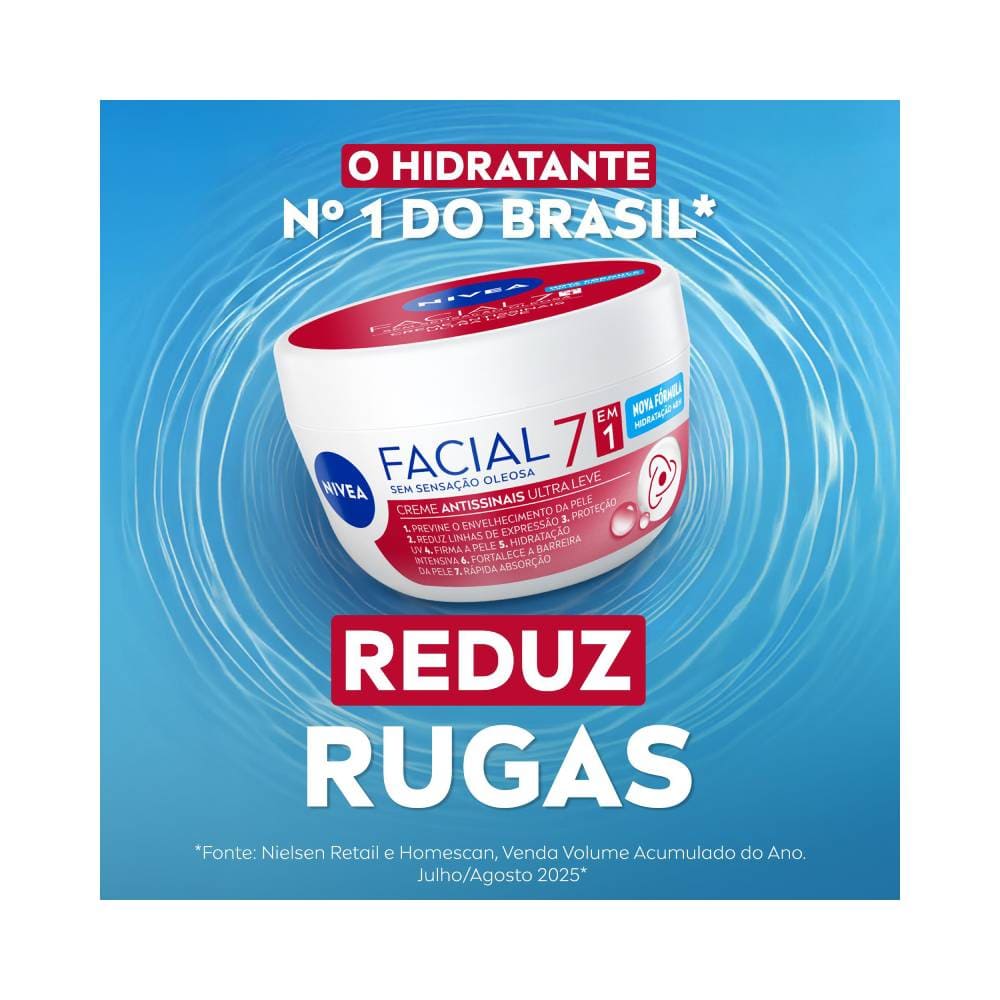 Pote do Creme Facial Nivea Antissinais Ultraleve 7 em 1 em fundo azul