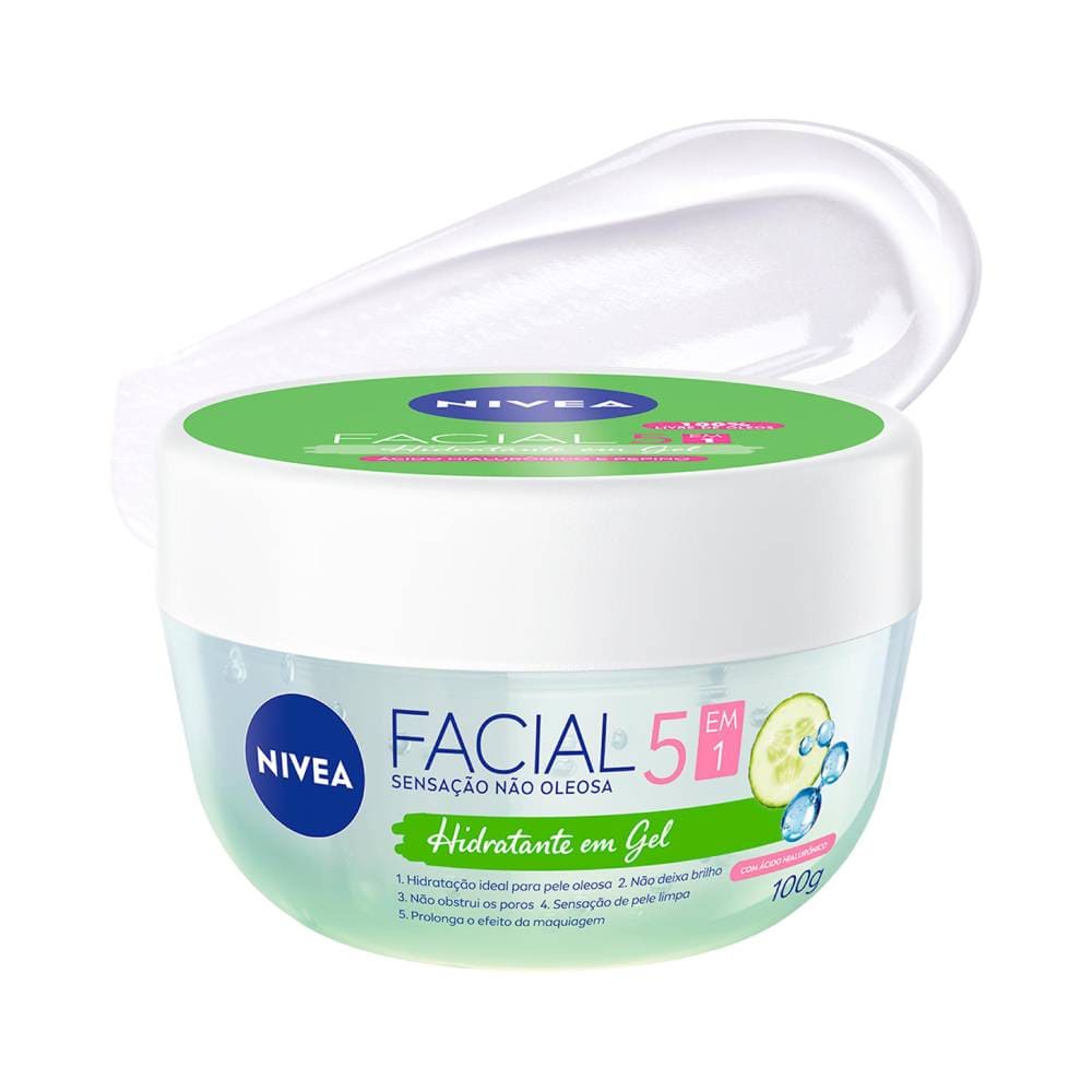 Frasco de hidratante facial em gel Nivea Ultraleve 100g aberto mostrando textura leve