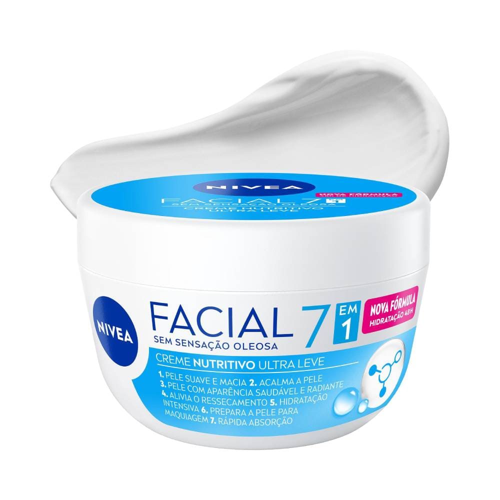 Frasco do Creme Facial Nivea Nutritivo Ultraleve 7 em 1 100g com fundo branco