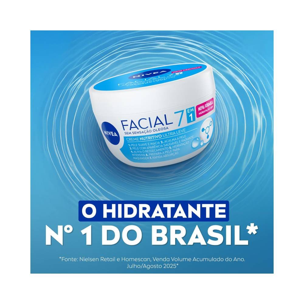 Frasco do Creme Facial Nivea Nutritivo Ultraleve 7 em 1 100g com fundo azul