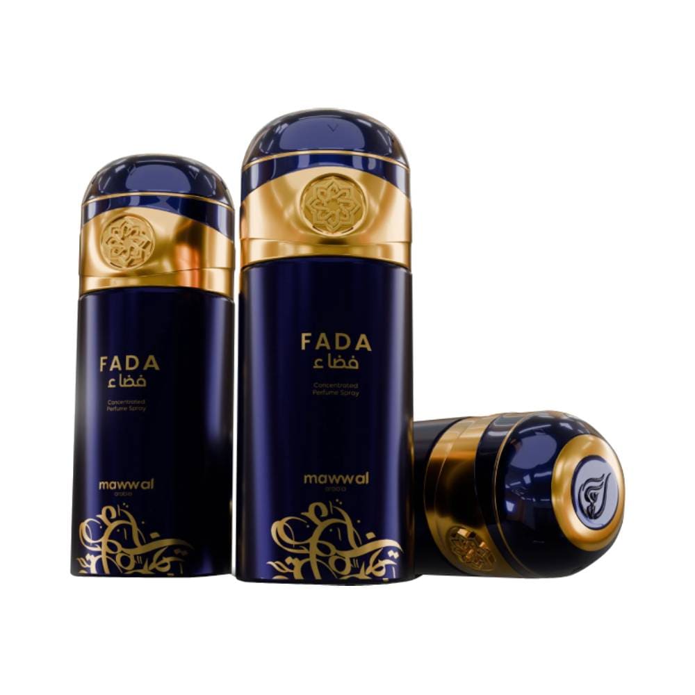Três frascos do perfume Mawwal Energy Fada Masculino 250ml em azul escuro com detalhes dourados