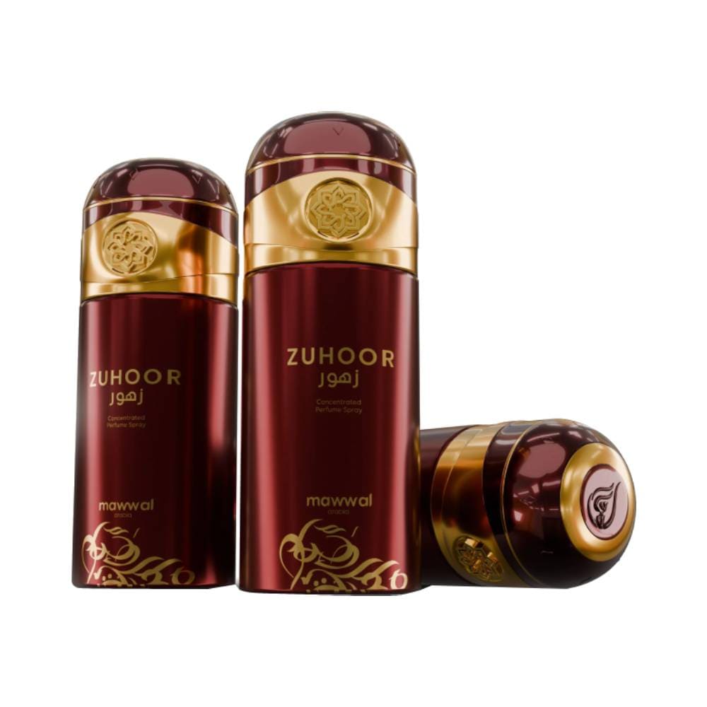 Três frascos do perfume Mawwal Energy Zuhoor Feminino 250ml sobre fundo branco