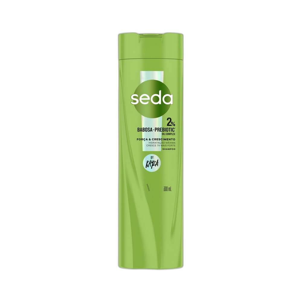 Frasco do Shampoo Seda by Rayza Babosa Prebiotic 300ml, embalagem verde clara com tampa verde e logo Seda