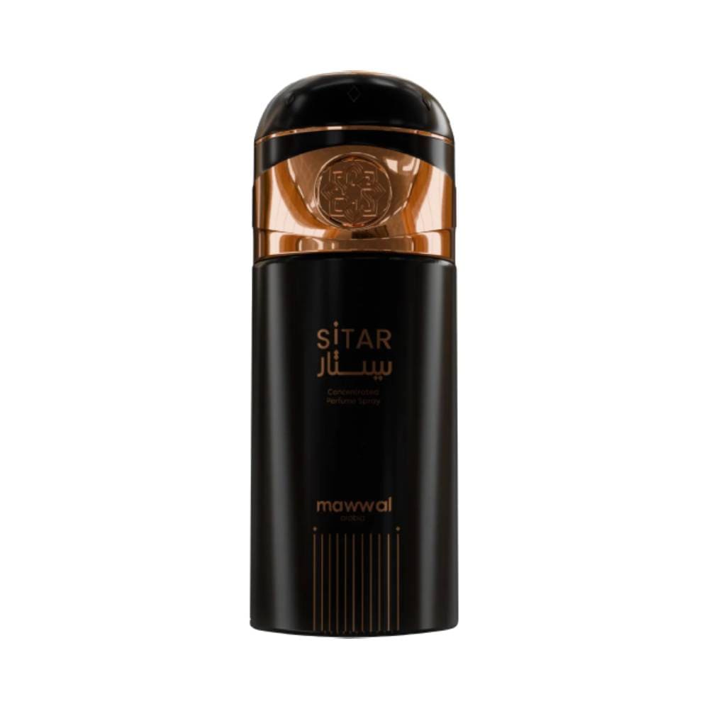 Frasco do perfume Mawwal Symphony Sitar Feminino 250ml com design preto fosco e detalhes em cobre metálico