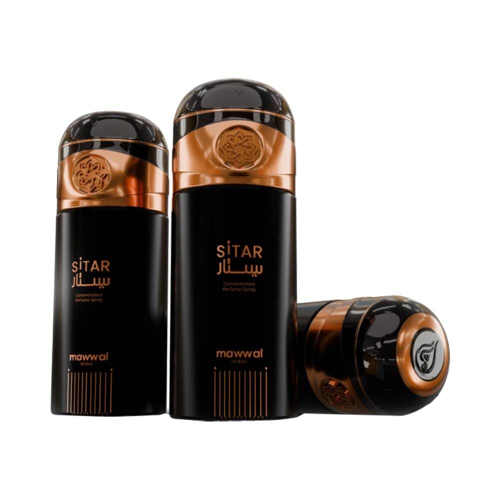 Três frascos do perfume Mawwal Symphony Sitar Feminino 250ml com design preto fosco e detalhes em cobre metálico