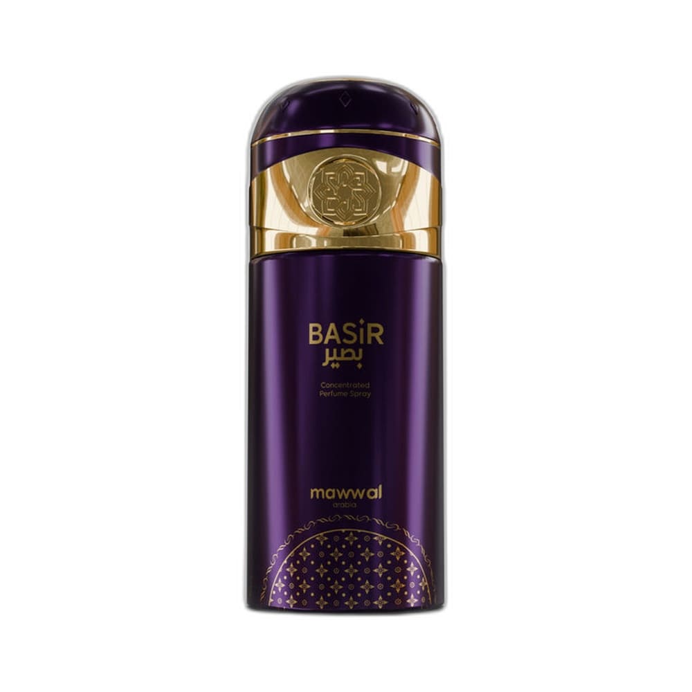 Frasco de perfume Mawwal Fantasy Basir Feminino 250ml em destaque, design elegante roxo com detalhes dourados