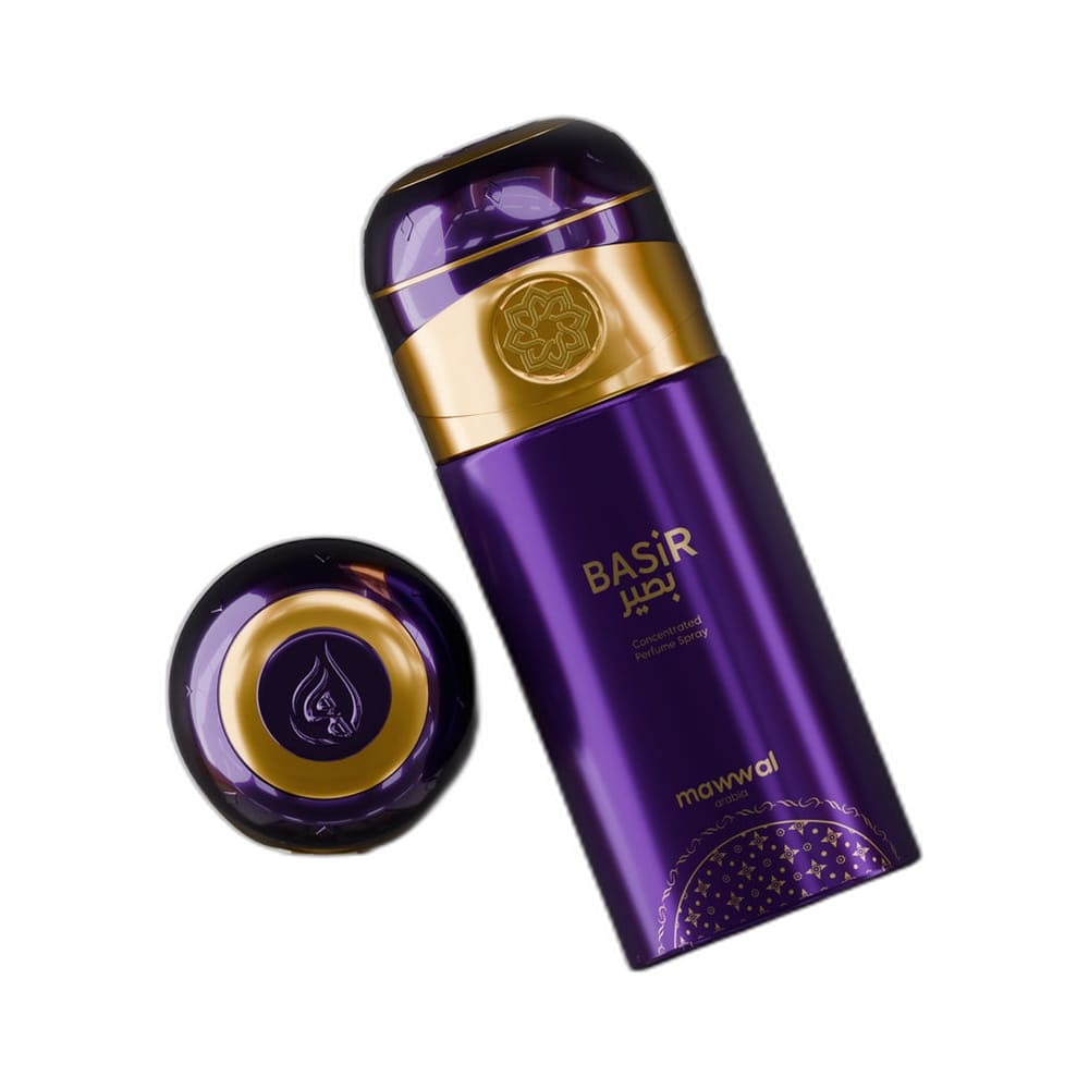Frasco de perfume Mawwal Fantasy Basir Feminino 250ml com tampa removida, detalhes dourados