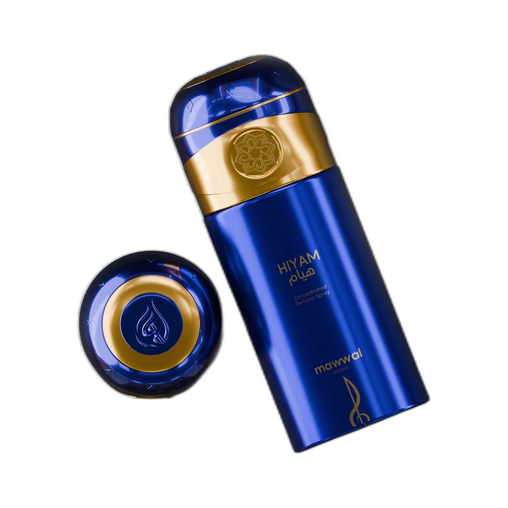 Perfume Mawwal Poison Hiyam Masculino 250ml mostrando frasco em ângulo inclinado e tampa dourada.
