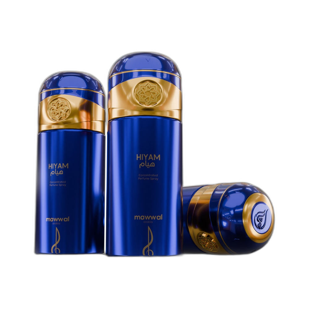 Três frascos do perfume Mawwal Poison Hiyam Masculino 250ml em fundo branco mostrando design sofisticado.