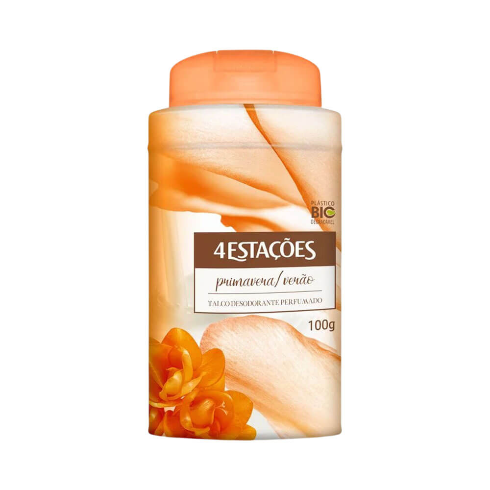 Talco Memphis 4 Estações Primavera / Verão 100g, embalagem branca com detalhes laranja e tampa laranja