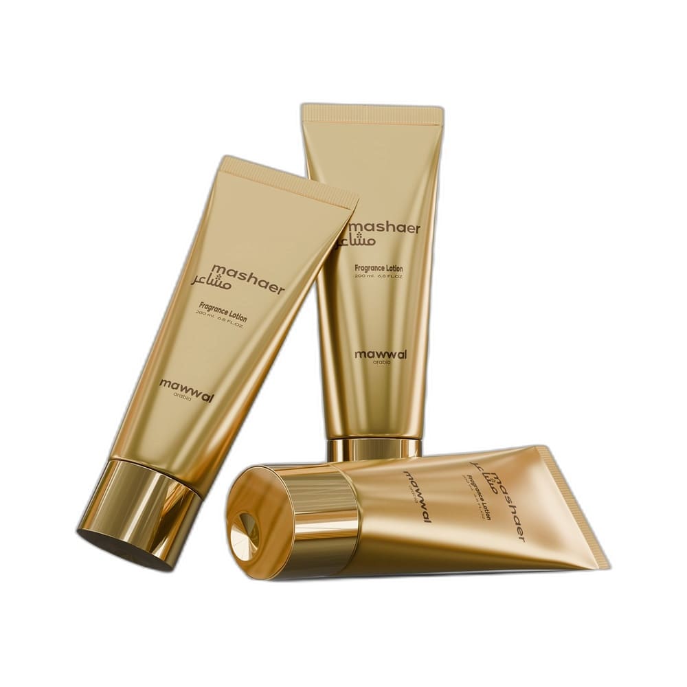 Três embalagens douradas metálicas do Hidratante Corporal Mawwal Sense Mashaer 200ml em diferentes posições