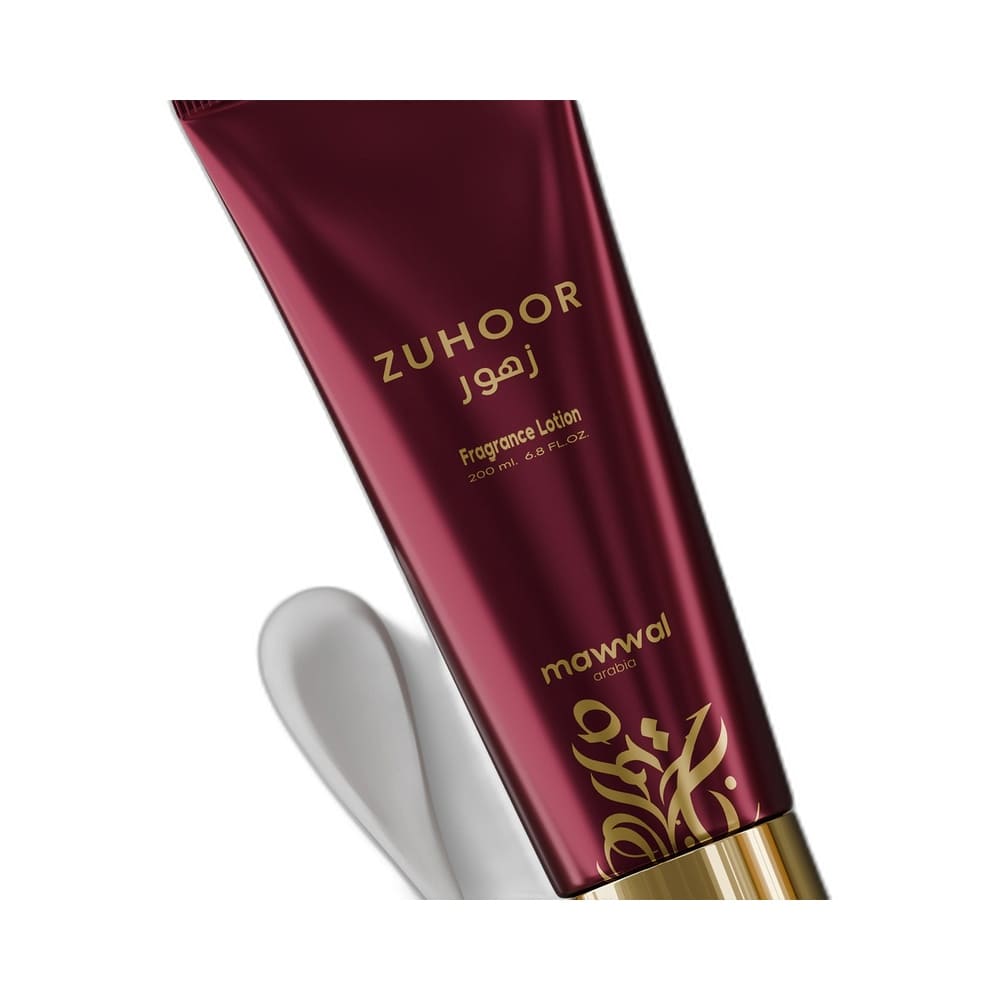 Close na textura cremosa do hidratante Mawwal Energy Zuhoor ao lado da embalagem