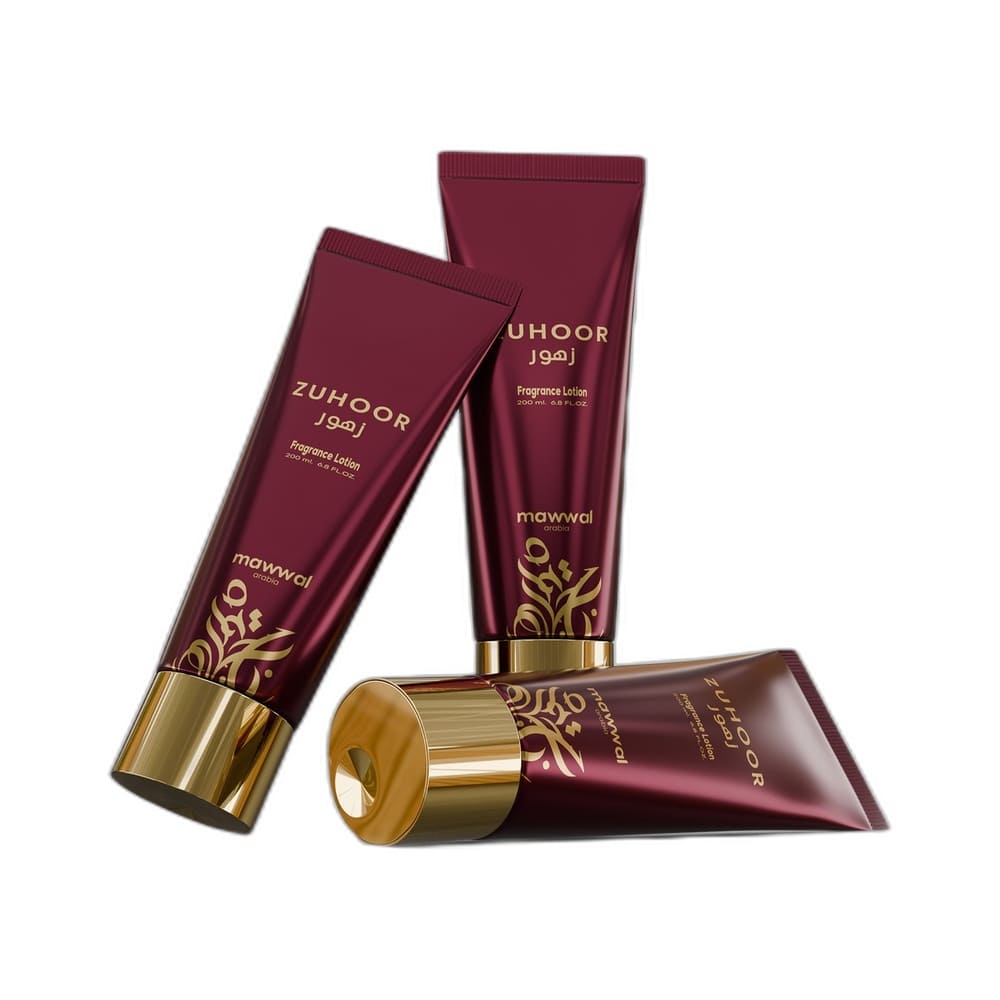 Três bisnagas do hidratante Mawwal Energy Zuhoor em diferentes posições