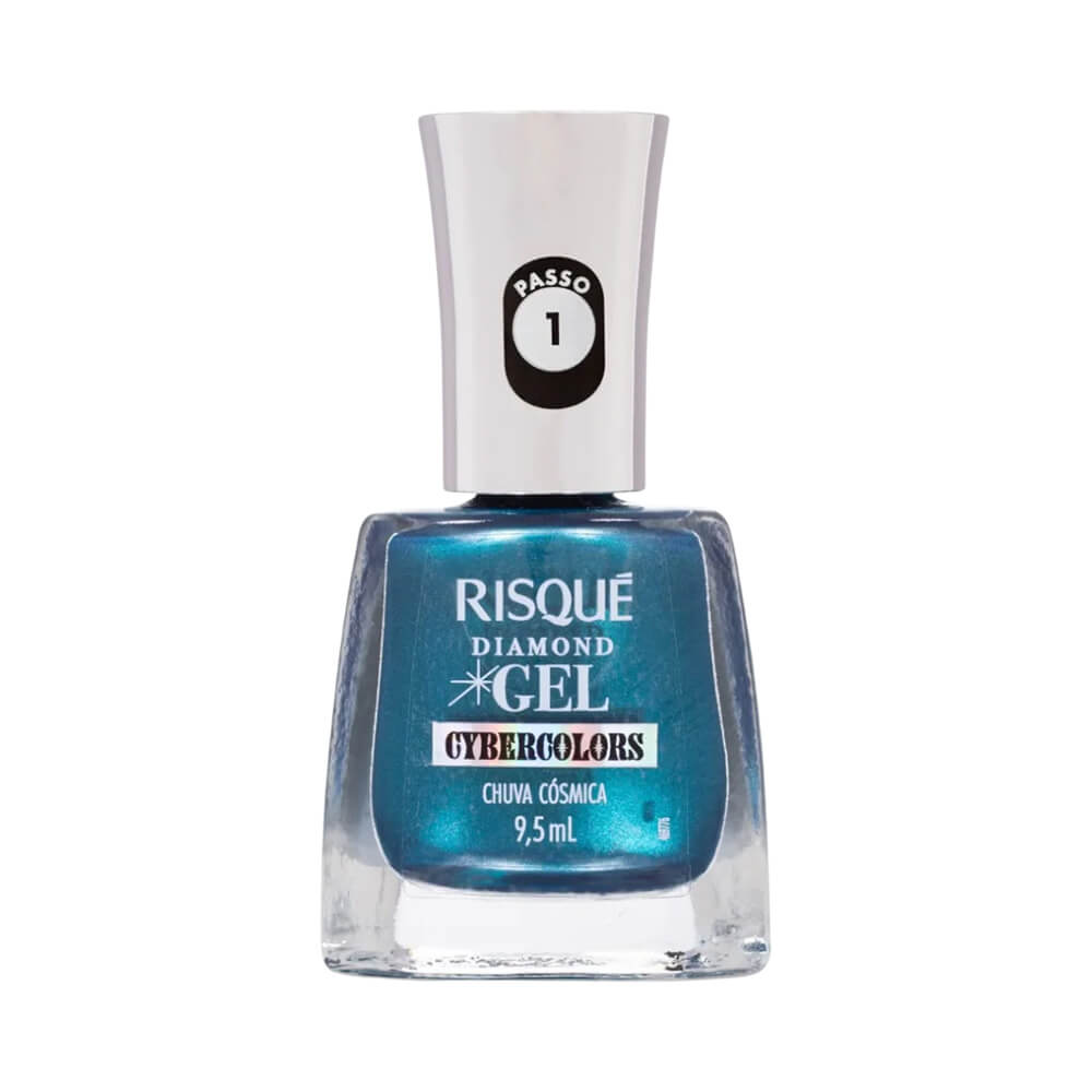 Frasco de esmalte Risqué Diamond Gel Cybercolors Chuva Cósmica, cor azul escura com acabamento metálico, em pé sobre fundo branco.
