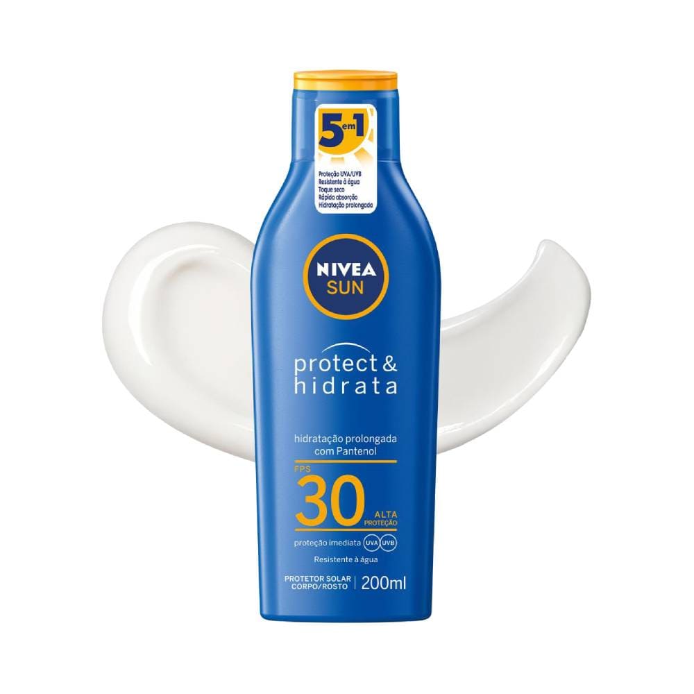 Frasco de protetor solar Nivea Sun Protect & Hidrata FPS30, 200ml, fundo branco